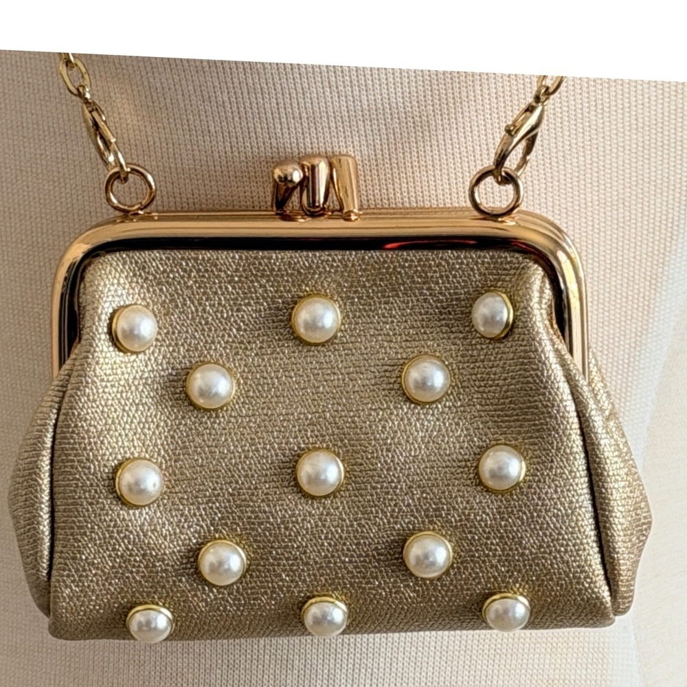 Gold Metallic Faux Pearl Studded Mini Formal Bag Kiss Lock Evening‎ Clutch